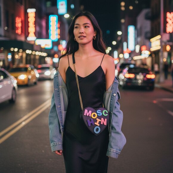 Moschino Heart Bag Leather Black Multicolored Crossbody Alphabet 90's Barbie - Picture 2 of 16